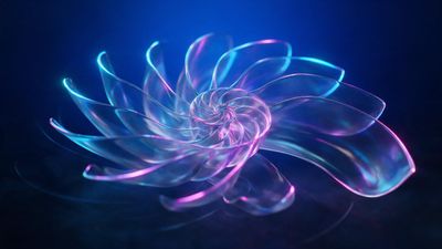 Translucent holographic nautilus shell spirals in mid-air against a dark blue gradient backdrop, glowing with shifting pink and cyan light to create a calm, futuristic mood.