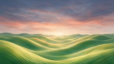 Rolling green hills ripple toward the horizon at sunrise, glowing with golden light beneath pastel pink clouds and creating a tranquil, dreamlike mood.
