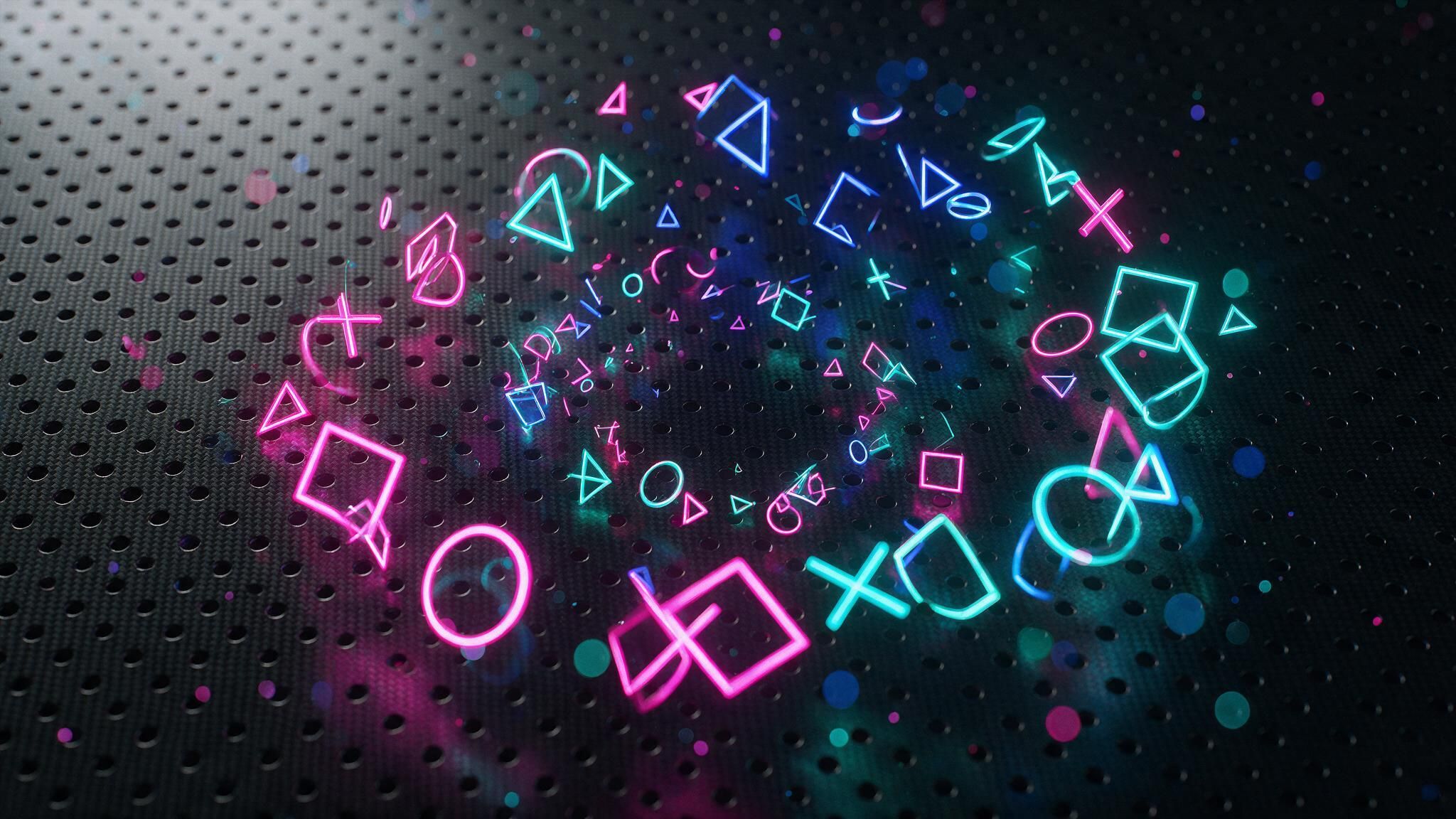 Neon pink and teal PlayStation symbols—circle, cross, square, triangle—spiral across a dark perforated metal surface, giving an energetic, futuristic gaming mood.