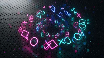 Neon pink and teal PlayStation symbols—circle, cross, square, triangle—spiral across a dark perforated metal surface, giving an energetic, futuristic gaming mood.