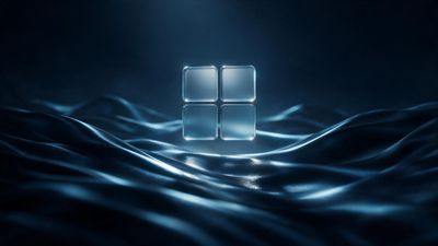 A transparent glass Windows logo hovers above softly lit, dark blue waves that resemble flowing fabric, creating a calm, futuristic atmosphere.