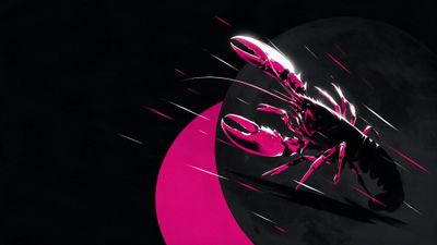 Neon-pink lobster streaking across a dark lunar backdrop with a magenta crescent, conveying a dynamic futuristic mood.