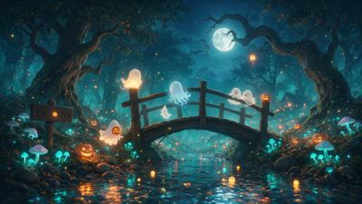 Cute, glowing cartoon ghosts drift around a wooden footbridge above a firefly-lit stream, while jack-o’-lanterns and bioluminescent mushrooms dot the moonlit, enchanted forest, giving the scene a whimsical, mildly spooky mood.