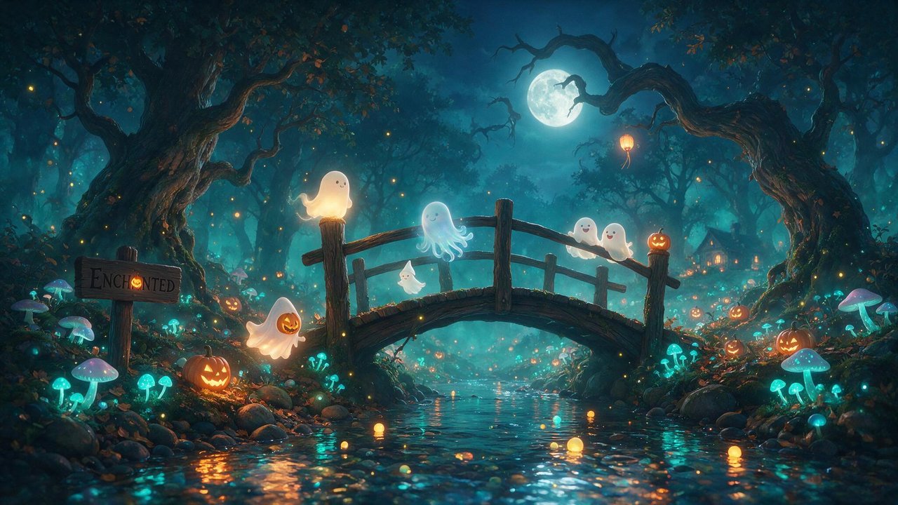 Cute, glowing cartoon ghosts drift around a wooden footbridge above a firefly-lit stream, while jack-o’-lanterns and bioluminescent mushrooms dot the moonlit, enchanted forest, giving the scene a whimsical, mildly spooky mood.