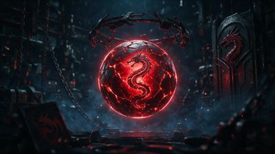 A glowing, cracked red orb marked with a coiled dragon emblem hovers at the center of a dark, industrial forge surrounded by chains and metal machinery. The fiery light and drifting embers create an intense, ominous mood.