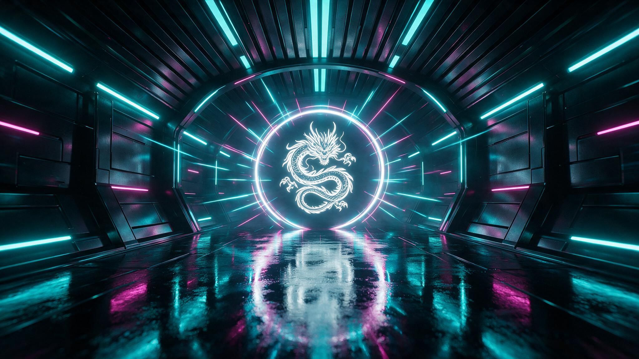 Glowing white dragon emblem framed by a circular portal pulses at the end of a metallic tunnel lined with teal and magenta neon strips, creating an intense cyberpunk atmosphere.