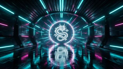 Glowing white dragon emblem framed by a circular portal pulses at the end of a metallic tunnel lined with teal and magenta neon strips, creating an intense cyberpunk atmosphere.