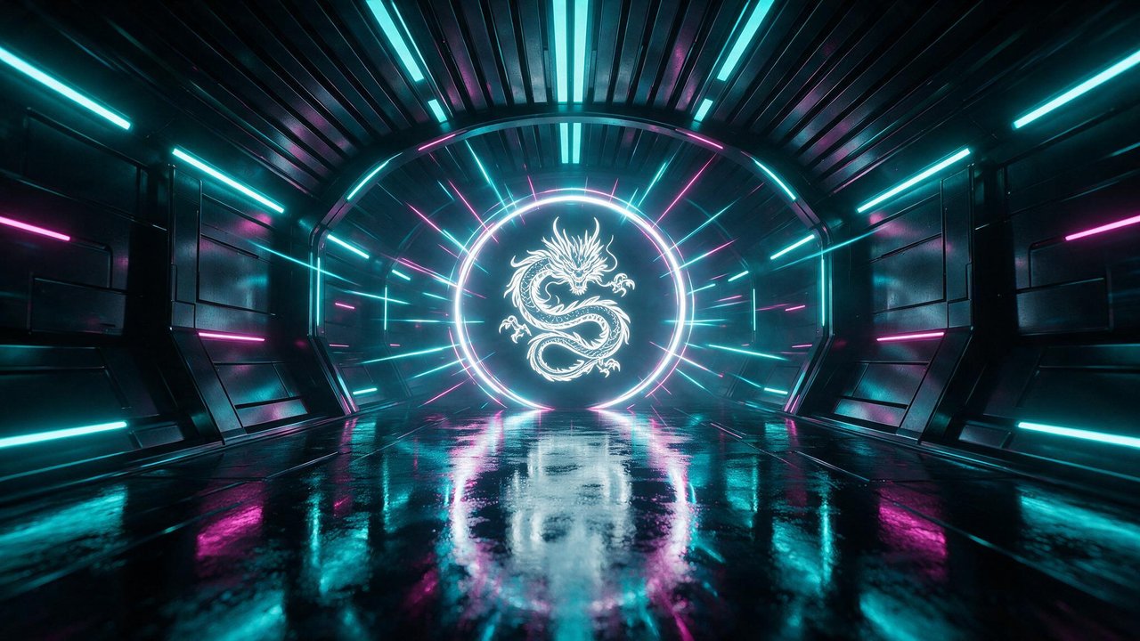 Glowing white dragon emblem framed by a circular portal pulses at the end of a metallic tunnel lined with teal and magenta neon strips, creating an intense cyberpunk atmosphere.