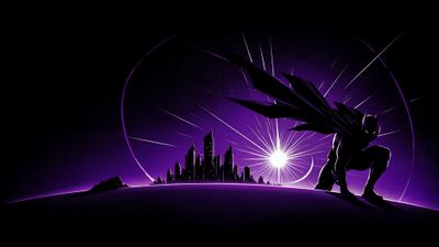 Batman crouches in silhouette on a curved rooftop, cape billowing, overlooking a neon-purple Gotham skyline lit by a radiant white moon. The stark contrast and sharp lines create a tense, futuristic vigilante mood.