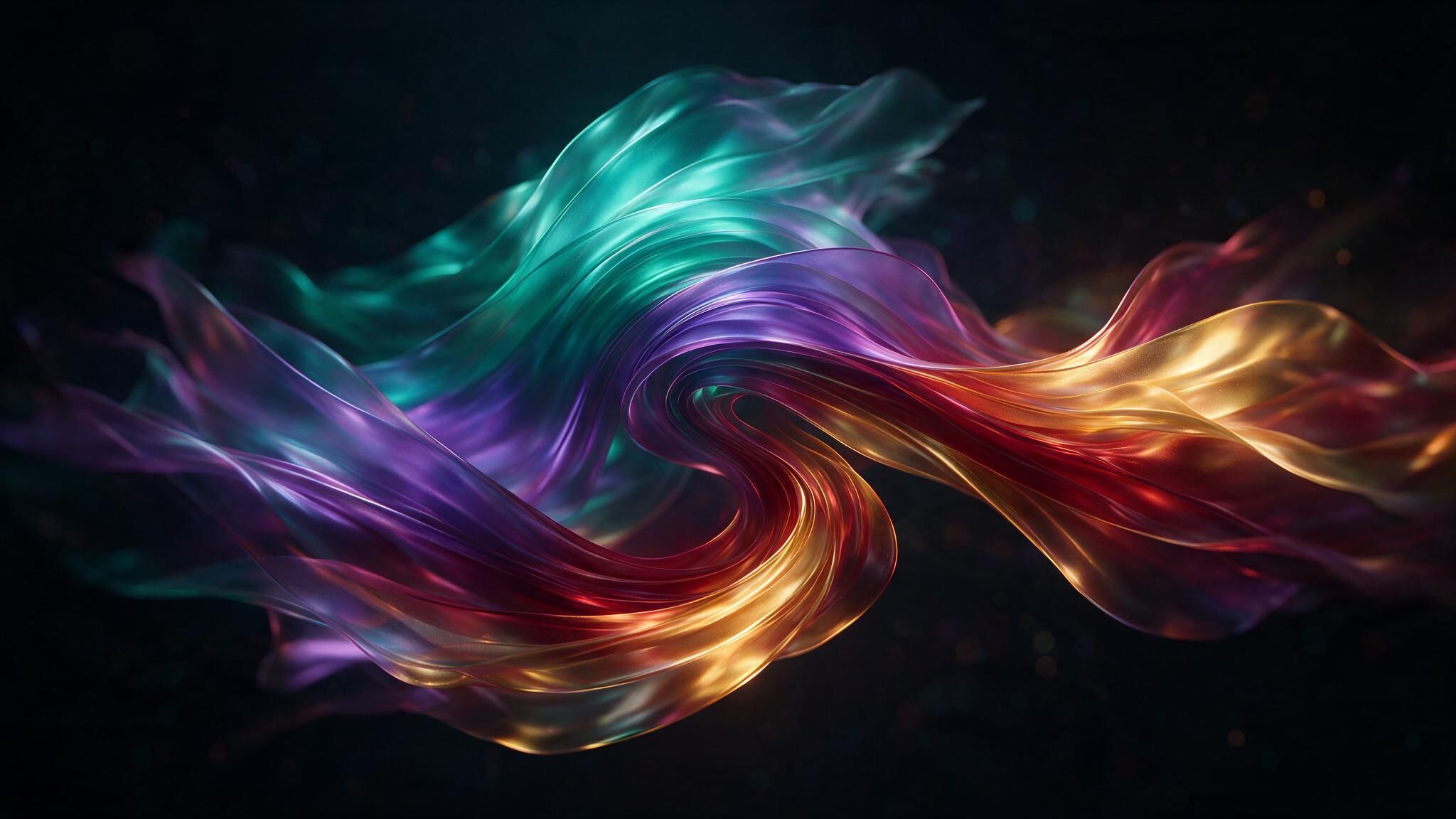 Multicoloured, ribbon-like streams of translucent light twist together in a luminous swirl against a dark, star-flecked cosmic backdrop, creating an ethereal, energetic mood.
