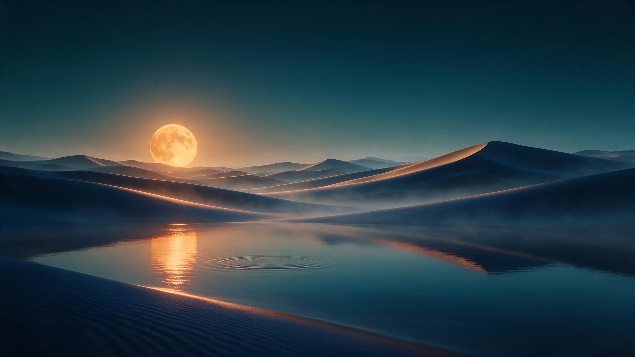 Full Moon rises over rolling desert dunes, its golden glow mirrored in a still oasis pool amid soft mist, creating a tranquil, otherworldly night scene.