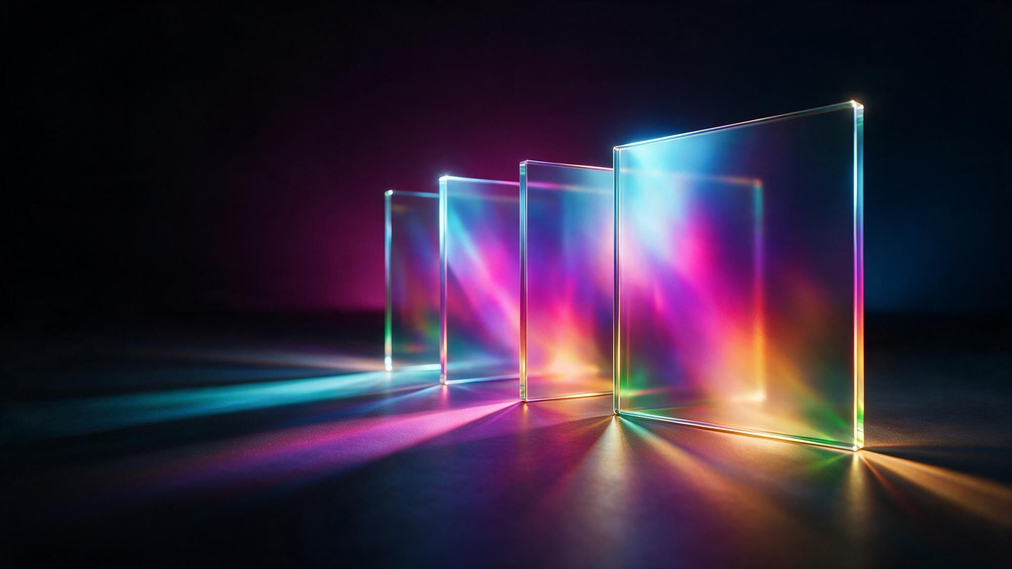 Four upright prism-like glass panels stand in a row on a dark surface, each refracting neon blues, pinks, and yellows that fan across the floor. The sparse, shadowy setting creates a futuristic, contemplative mood.