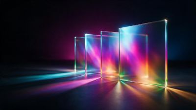 Four upright prism-like glass panels stand in a row on a dark surface, each refracting neon blues, pinks, and yellows that fan across the floor. The sparse, shadowy setting creates a futuristic, contemplative mood.