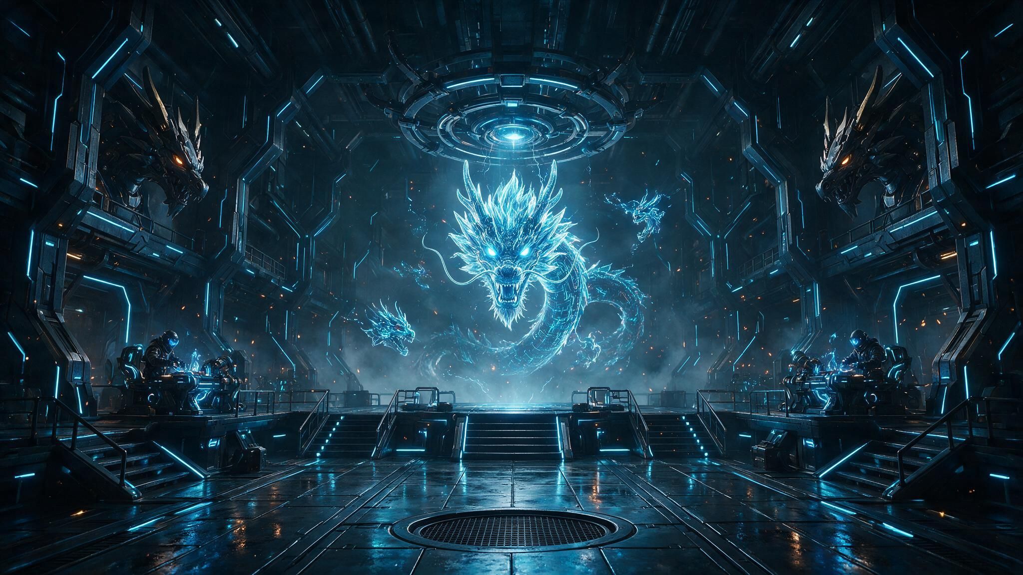 A glowing blue holographic dragon coils menacingly in the center of a neon-lit cyberpunk hangar, watched by armored technicians at control stations, creating a tense, high-tech atmosphere.