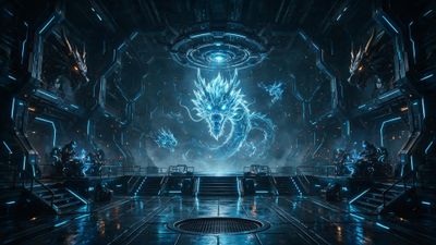 A glowing blue holographic dragon coils menacingly in the center of a neon-lit cyberpunk hangar, watched by armored technicians at control stations, creating a tense, high-tech atmosphere.