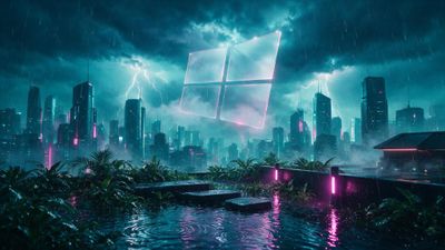 Neon-lit cyberpunk skyline under a stormy night sky, seen from a rain-soaked rooftop garden with puddles rippling in the foreground. A large glowing Windows logo hovers amid lightning and dark clouds, setting an ominous, futuristic mood.