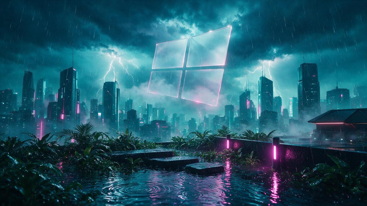 Neon-lit cyberpunk skyline under a stormy night sky, seen from a rain-soaked rooftop garden with puddles rippling in the foreground. A large glowing Windows logo hovers amid lightning and dark clouds, setting an ominous, futuristic mood.