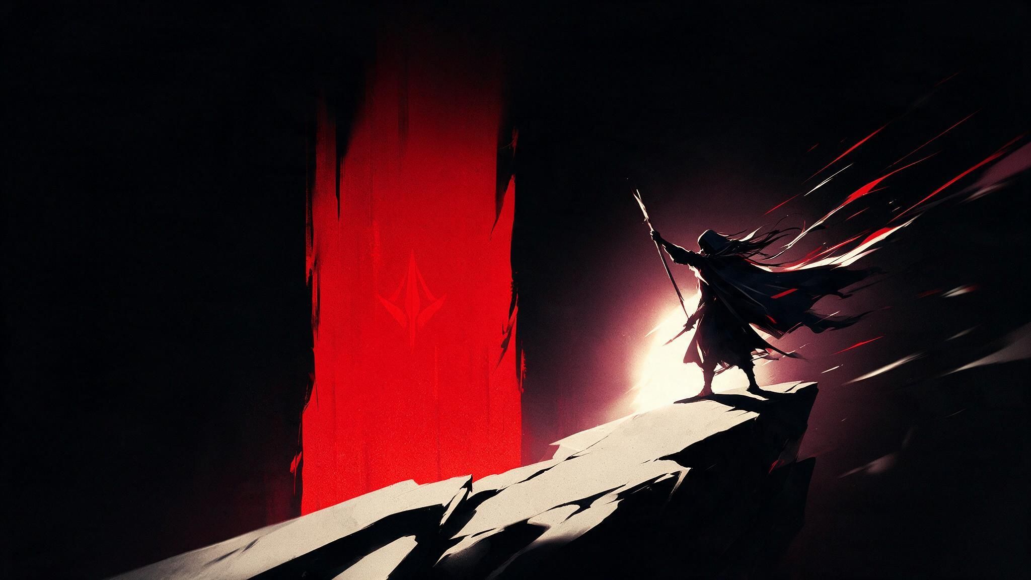 A cloaked warrior brandishing a spear stands at the edge of a jagged cliff, their cape streaming toward a towering slash of blood-red light that pierces the surrounding black void. The stark contrast and sweeping motion create a tense, ominous mood of dark fantasy heroism.