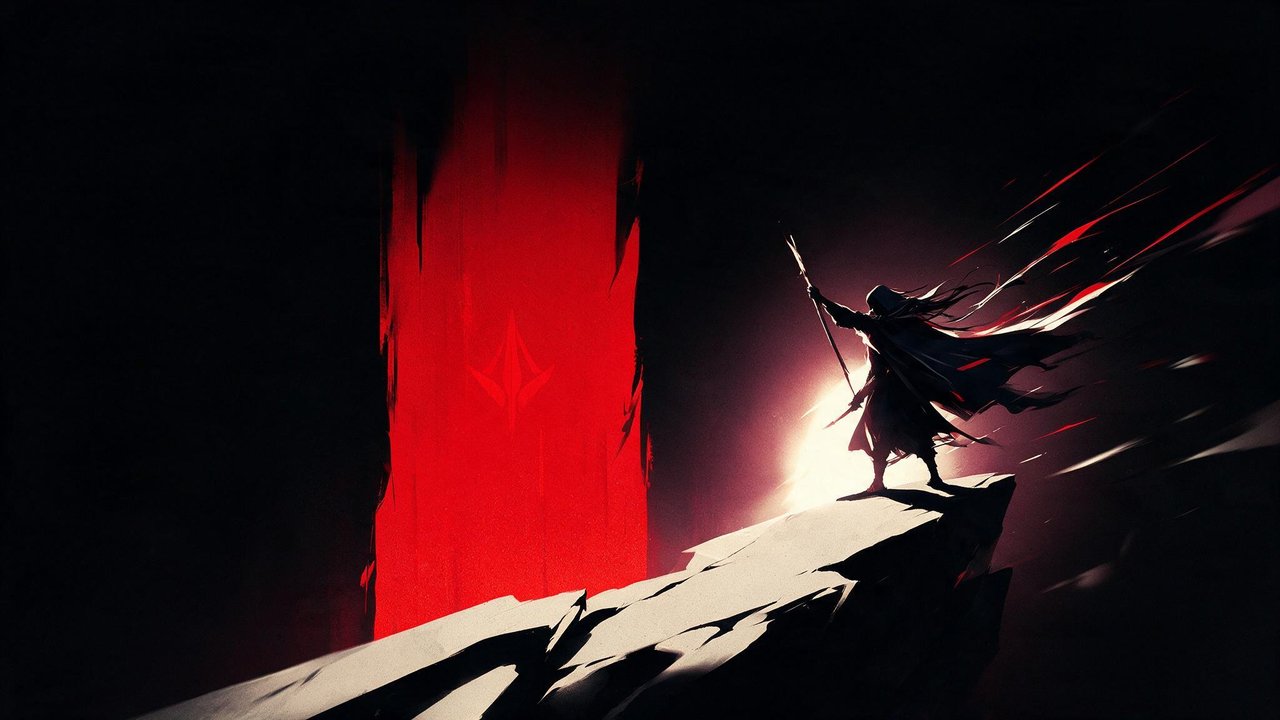 A cloaked warrior brandishing a spear stands at the edge of a jagged cliff, their cape streaming toward a towering slash of blood-red light that pierces the surrounding black void. The stark contrast and sweeping motion create a tense, ominous mood of dark fantasy heroism.