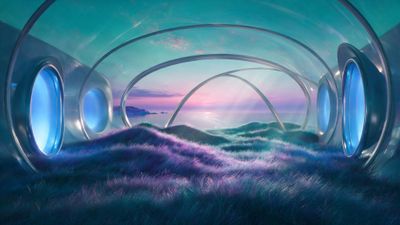 A transparent oceanfront dome with large circular windows frames a pink-and-turquoise sunset, while its floor of iridescent purple-teal grass sways in gentle waves, evoking a serene, dreamlike mood.