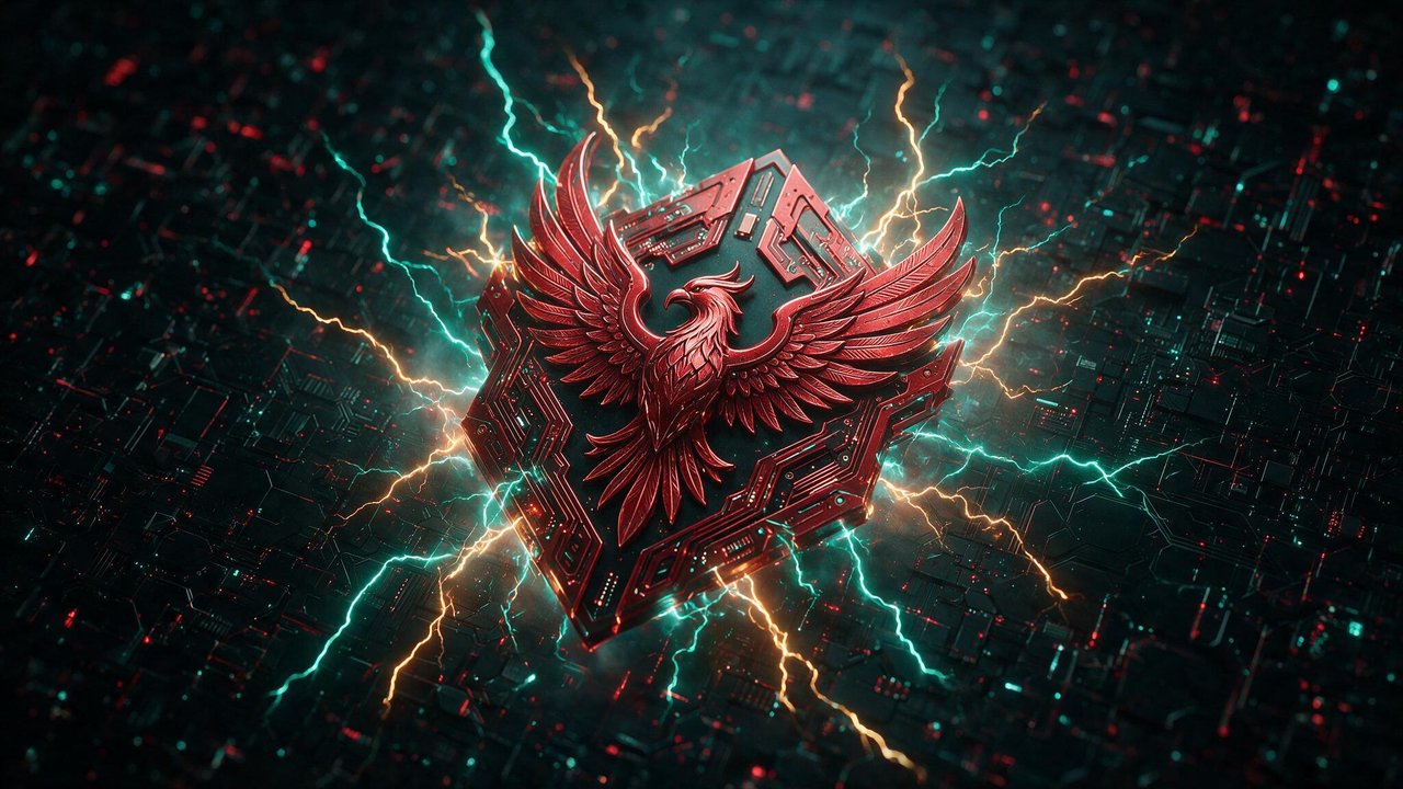 A metallic red phoenix emblem rises from a hexagonal circuit board, crackling with teal and amber lightning over a dark, densely wired cybernetic landscape, creating an intense, high-tech vibe.