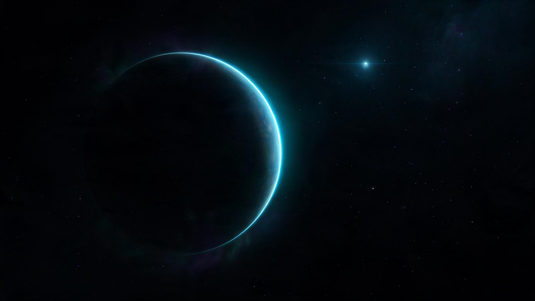 A shadowed exoplanet rimmed by a thin electric-blue glow drifts in deep space, with a single bright star and scattered distant stars accenting the scene’s calm, mysterious mood.
