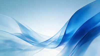 Abstract wallpaper of translucent blue ribbons flowing across a pale gradient backdrop, creating a calm, airy mood.