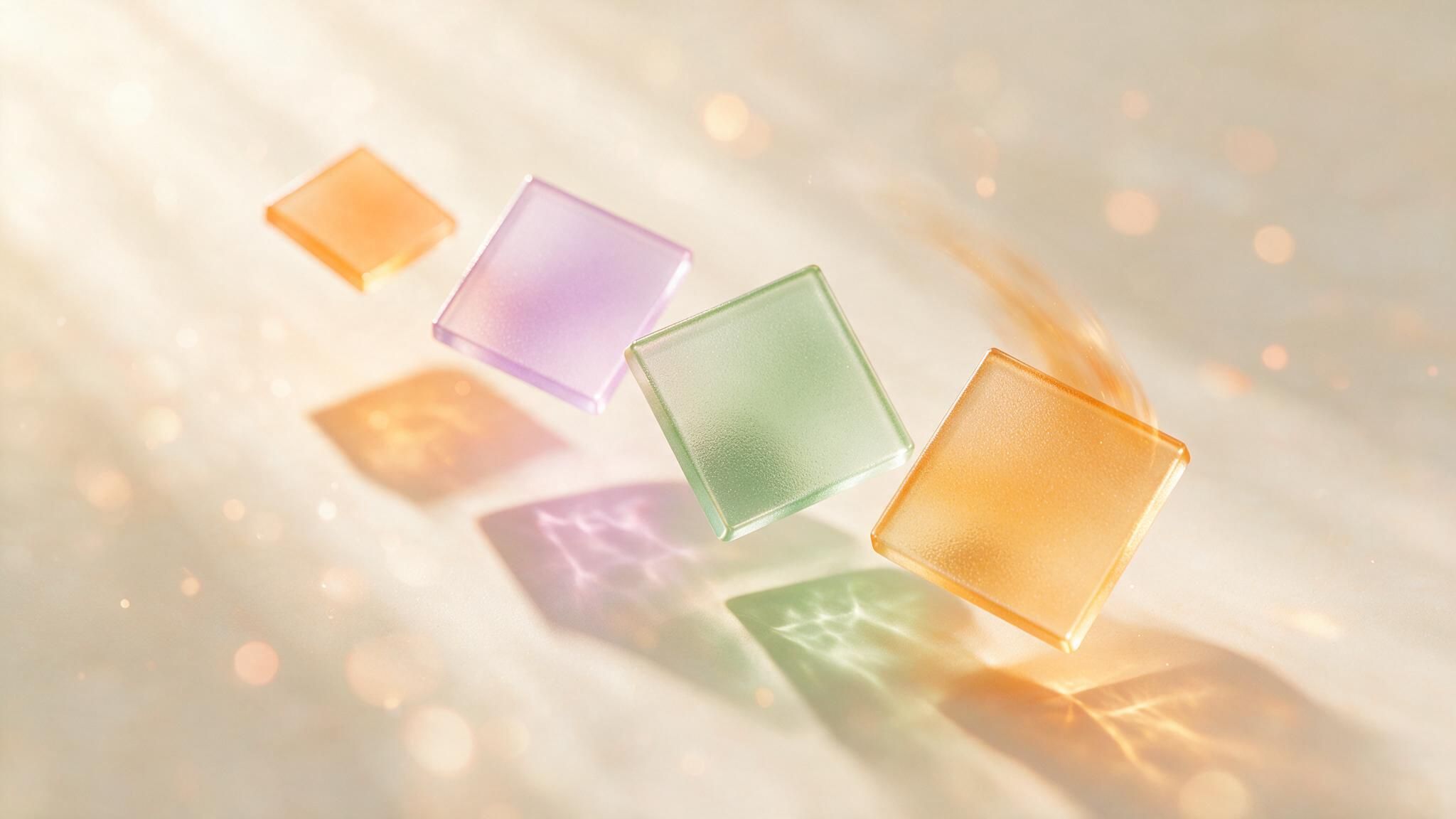Four translucent pastel glass tiles—peach, lavender, mint, and amber—hover in mid-air above a softly lit cream backdrop, casting gentle colored shadows. The scene feels calm and playful.