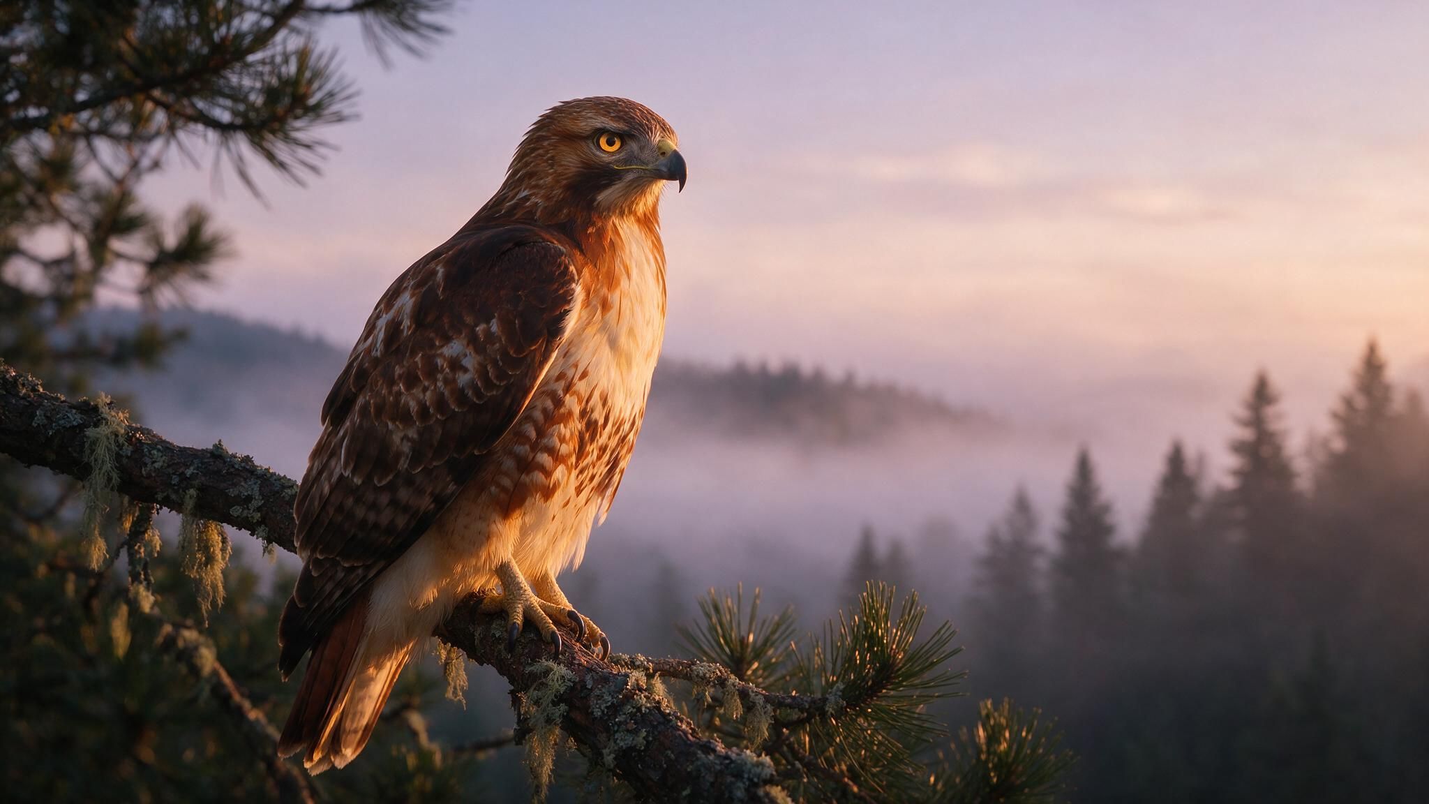 A Red-tailed Hawk perches on a lichen-covered pine branch, overlooking a mist-shrouded conifer forest at dawn. The soft pink and gold light creates a calm, watchful mood.