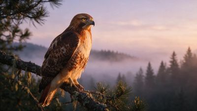 A Red-tailed Hawk perches on a lichen-covered pine branch, overlooking a mist-shrouded conifer forest at dawn. The soft pink and gold light creates a calm, watchful mood.