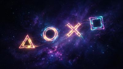 Glowing PlayStation triangle, circle, cross and square symbols shimmer in neon hues against a deep purple, star-filled nebula. The cosmic setting and bright particle trails create an energetic, futuristic mood.