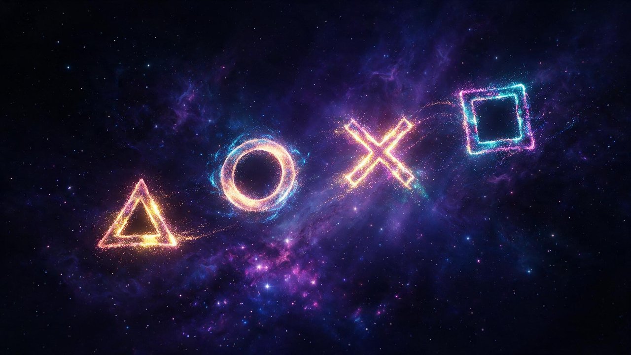 Glowing PlayStation triangle, circle, cross and square symbols shimmer in neon hues against a deep purple, star-filled nebula. The cosmic setting and bright particle trails create an energetic, futuristic mood.