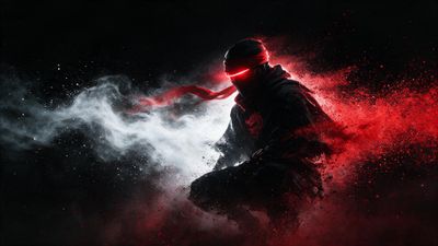 A crouching cyber ninja with a glowing red visor and headband materializes from swirling clouds of white and red smoke against a pitch-black backdrop. The scene feels intense and futuristic.