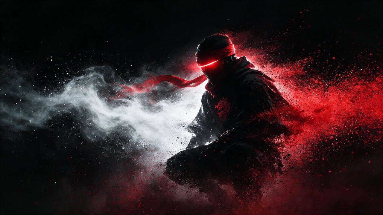 A crouching cyber ninja with a glowing red visor and headband materializes from swirling clouds of white and red smoke against a pitch-black backdrop. The scene feels intense and futuristic.