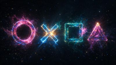 Glowing PlayStation controller symbols—circle, cross, square, and triangle—hover as neon nebulae in a star-speckled galaxy, creating an energetic, futuristic mood.