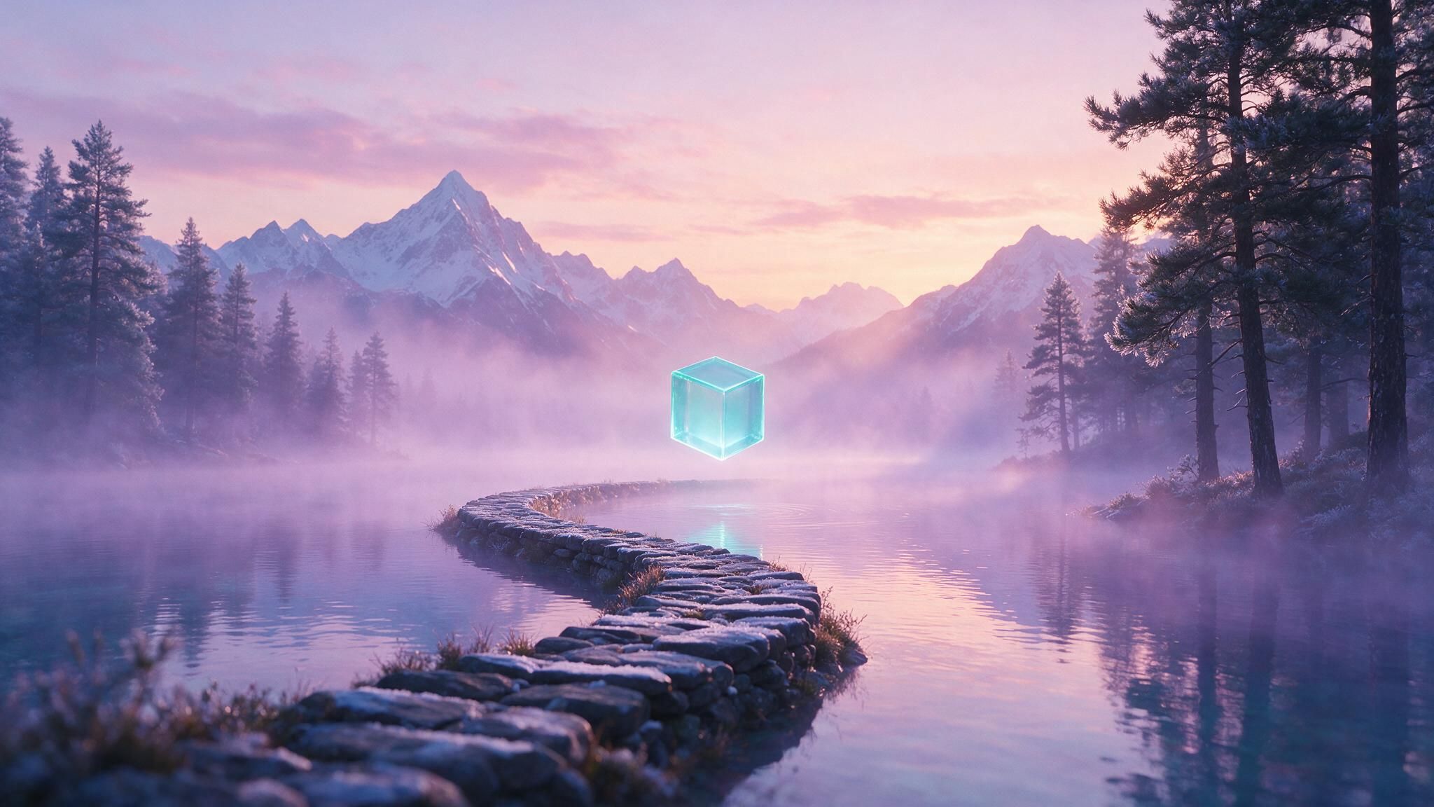 A glowing turquoise cube hovers above a mist-shrouded mountain lake, centered over a winding stone path that cuts through calm water. Soft dawn light and lingering fog create a serene, surreal mood.