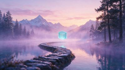 A glowing turquoise cube hovers above a mist-shrouded mountain lake, centered over a winding stone path that cuts through calm water. Soft dawn light and lingering fog create a serene, surreal mood.