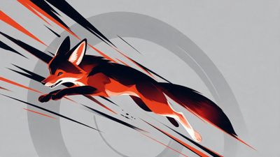Stylized red-and-black fox leaping diagonally across a light gray background of sweeping circles and jagged streaks, conveying high energy and forward momentum.