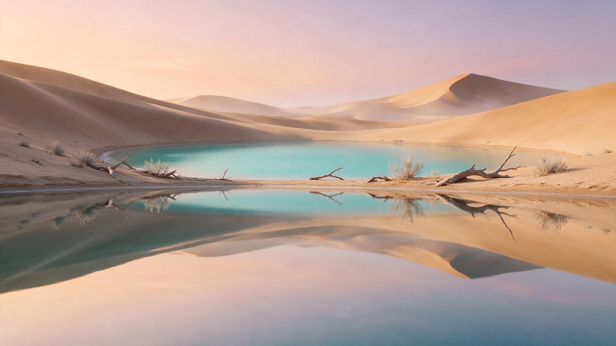 Turquoise oasis water mirrors rolling golden sand dunes and a pastel dawn sky, driftwood and sparse shrubs lining the shore. The gentle sunrise light lends the remote desert scene a calm, dreamlike mood.