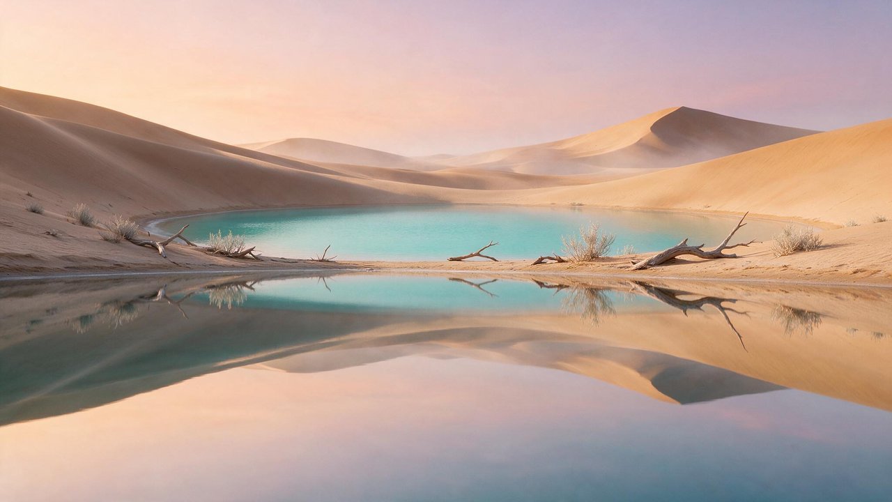 Turquoise oasis water mirrors rolling golden sand dunes and a pastel dawn sky, driftwood and sparse shrubs lining the shore. The gentle sunrise light lends the remote desert scene a calm, dreamlike mood.