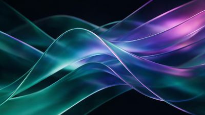 Abstract waves of translucent glass ribbons in teal, violet, and indigo sweep across a dark background, creating a serene, futuristic ambience.