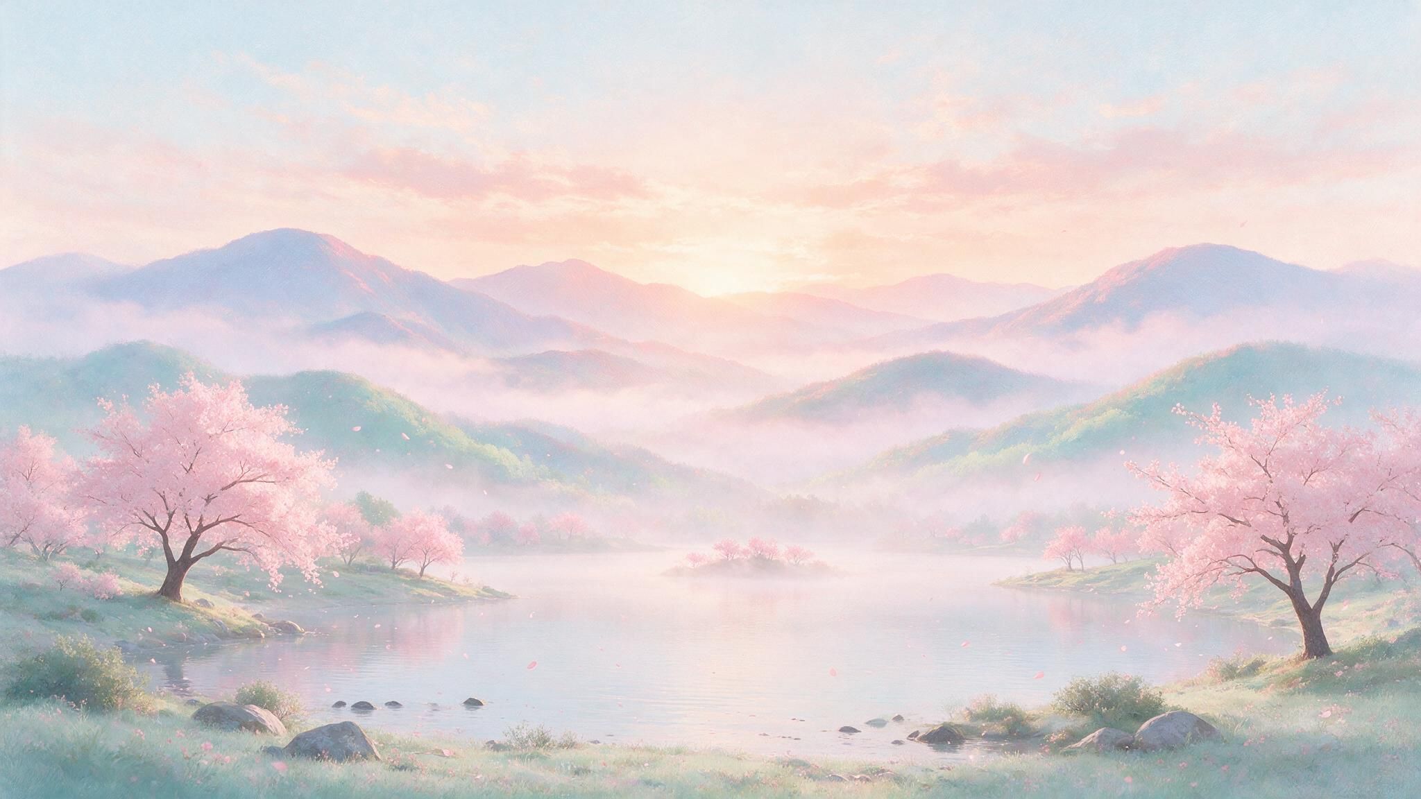 Pastel sunrise light bathes a mist-covered lake surrounded by rolling green hills and pink cherry blossom trees, their petals floating on the breeze. The soft colors and morning mist evoke a calm, dreamy mood.