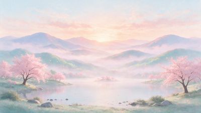 Pastel sunrise light bathes a mist-covered lake surrounded by rolling green hills and pink cherry blossom trees, their petals floating on the breeze. The soft colors and morning mist evoke a calm, dreamy mood.