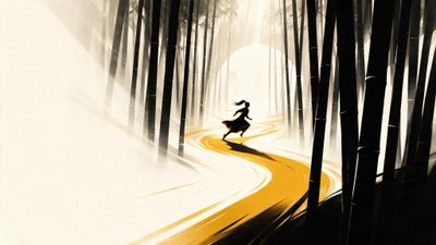 A silhouetted woman runs along a glowing golden path winding through a mist-filled bamboo forest, creating a mood of urgency and wonder.