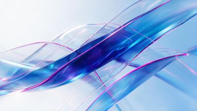 Translucent blue and violet ribbons curve and intertwine across a pale sky-like backdrop, creating a calm, futuristic feel.