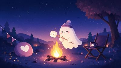 A beanie-wearing cartoon ghost hovers over a campfire, roasting a smiling marshmallow beside a chair, lantern, and fairy lights in a forest clearing under a starry night sky, giving a cozy, peaceful mood.