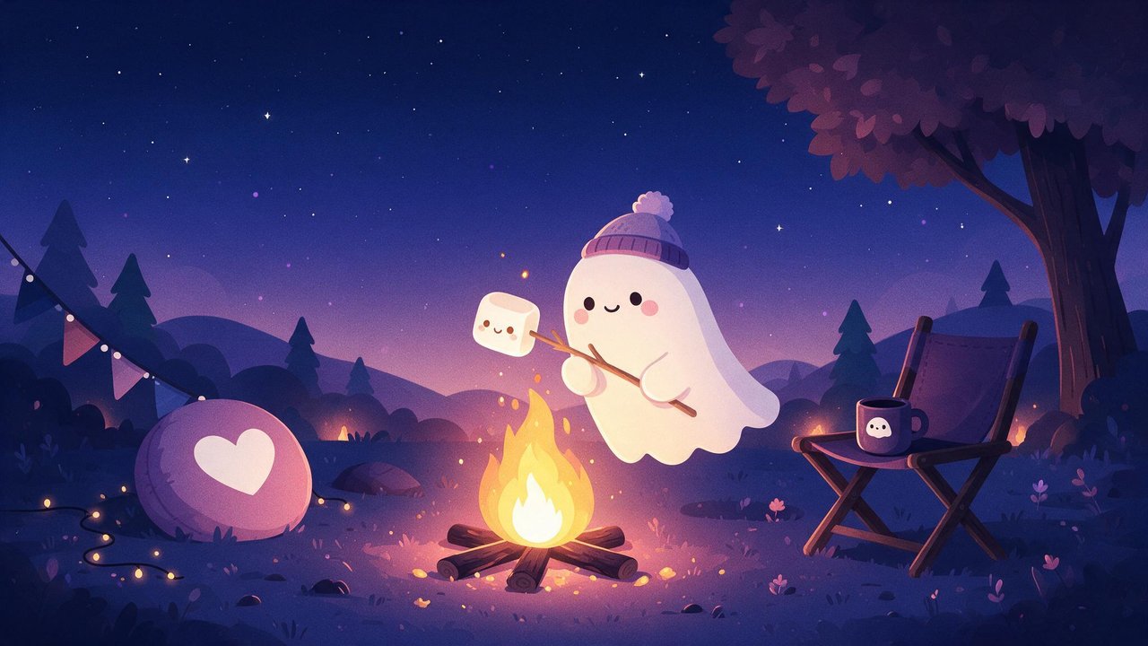 A beanie-wearing cartoon ghost hovers over a campfire, roasting a smiling marshmallow beside a chair, lantern, and fairy lights in a forest clearing under a starry night sky, giving a cozy, peaceful mood.