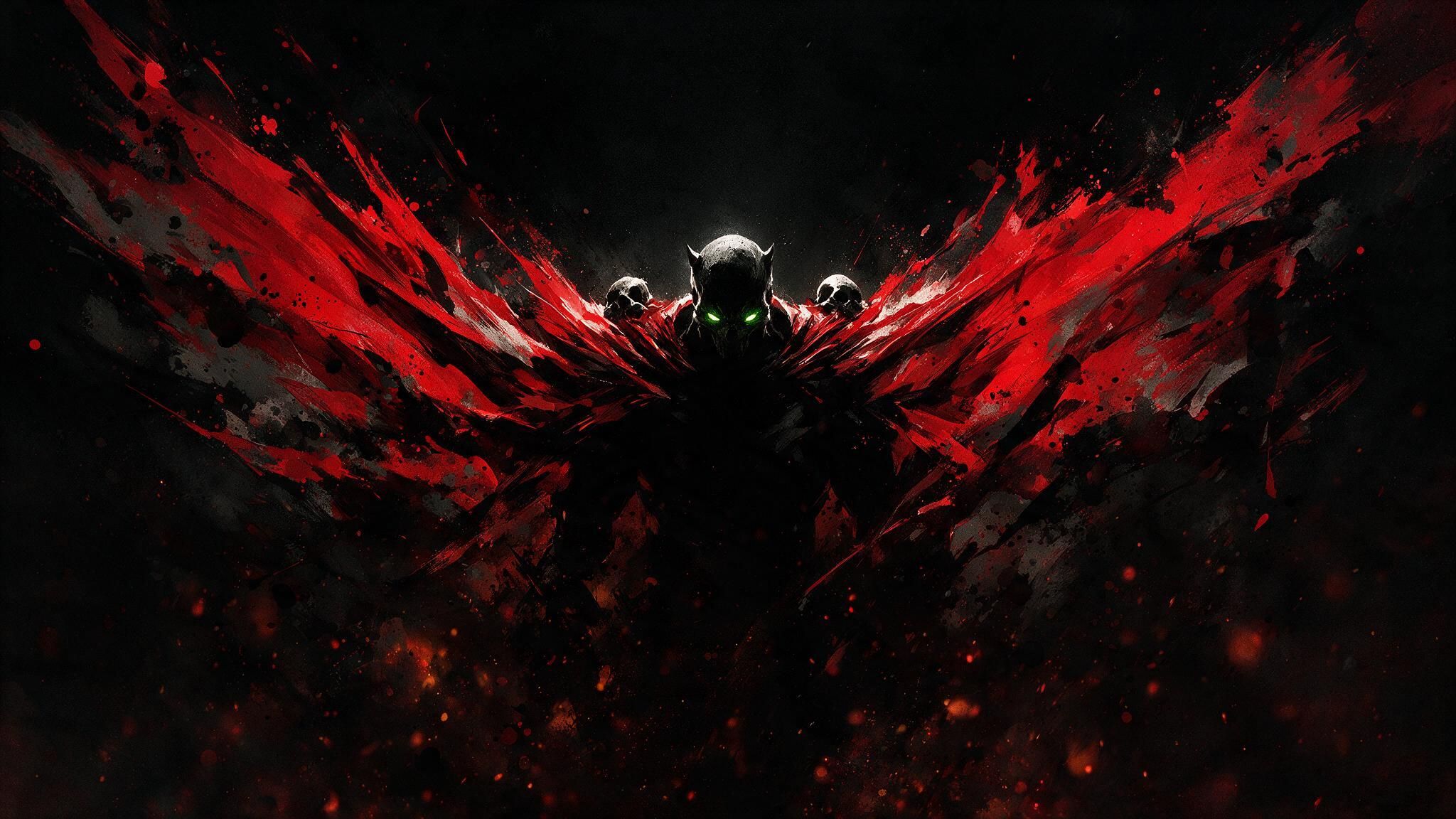 Spawn looms from a black void, his glowing green eyes and billowing red cape bursting outward like blood-tinged wings amid swirling embers. The chaotic, menacing scene evokes supernatural fury.