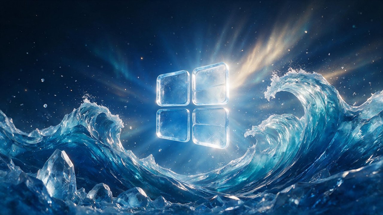 A glowing glass Windows logo hovers above dynamic crystal-blue waves and scattered ice shards under a starry night sky, creating a luminous, energetic mood.