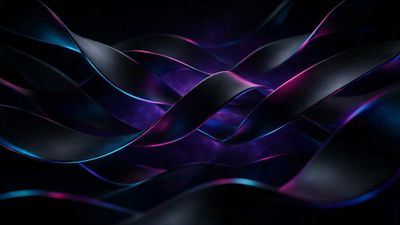 Metallic black ribbons with neon blue and magenta edges twist through a dark, smoky purple void, creating a futuristic, moody atmosphere.